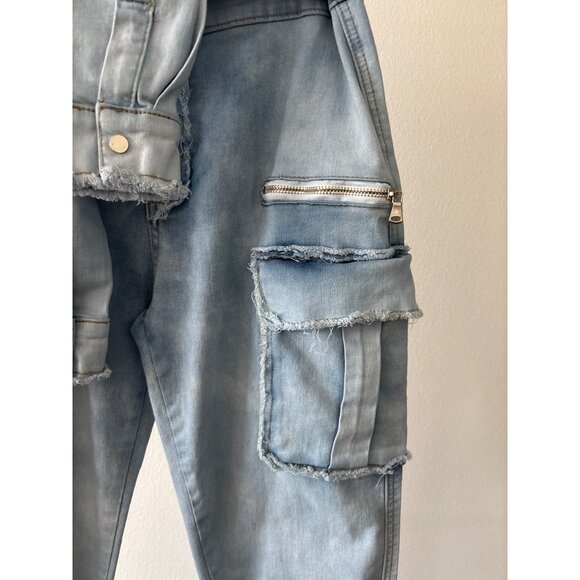 Y2K Cargo Jogger Jeans  L Light Wash Denim Utility Shirt Tie Waist Pockets Edgy - Picture 10 of 14